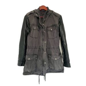 Aritzia Talula Faded Black Cotton Field Jacket w/ Pockets, Faux Leather Sleeves